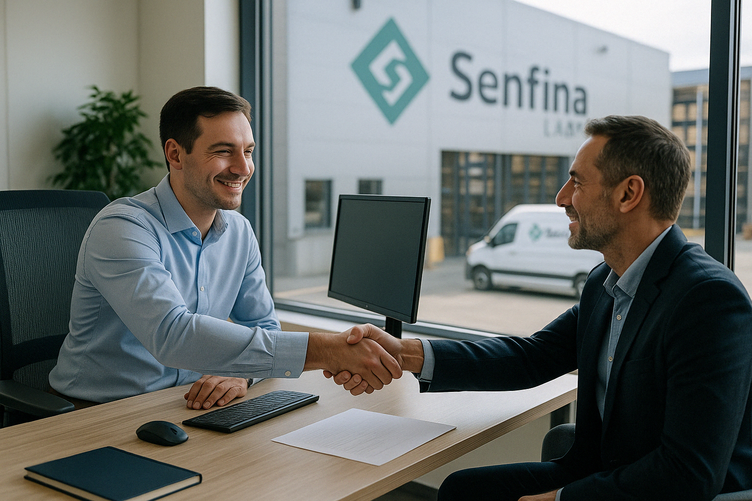  Modern office with handshake across desk