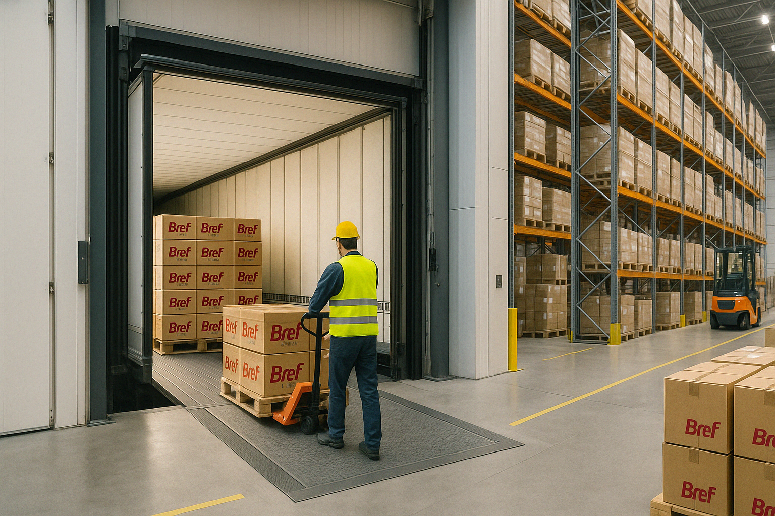 Warehouse with truck loading pallets